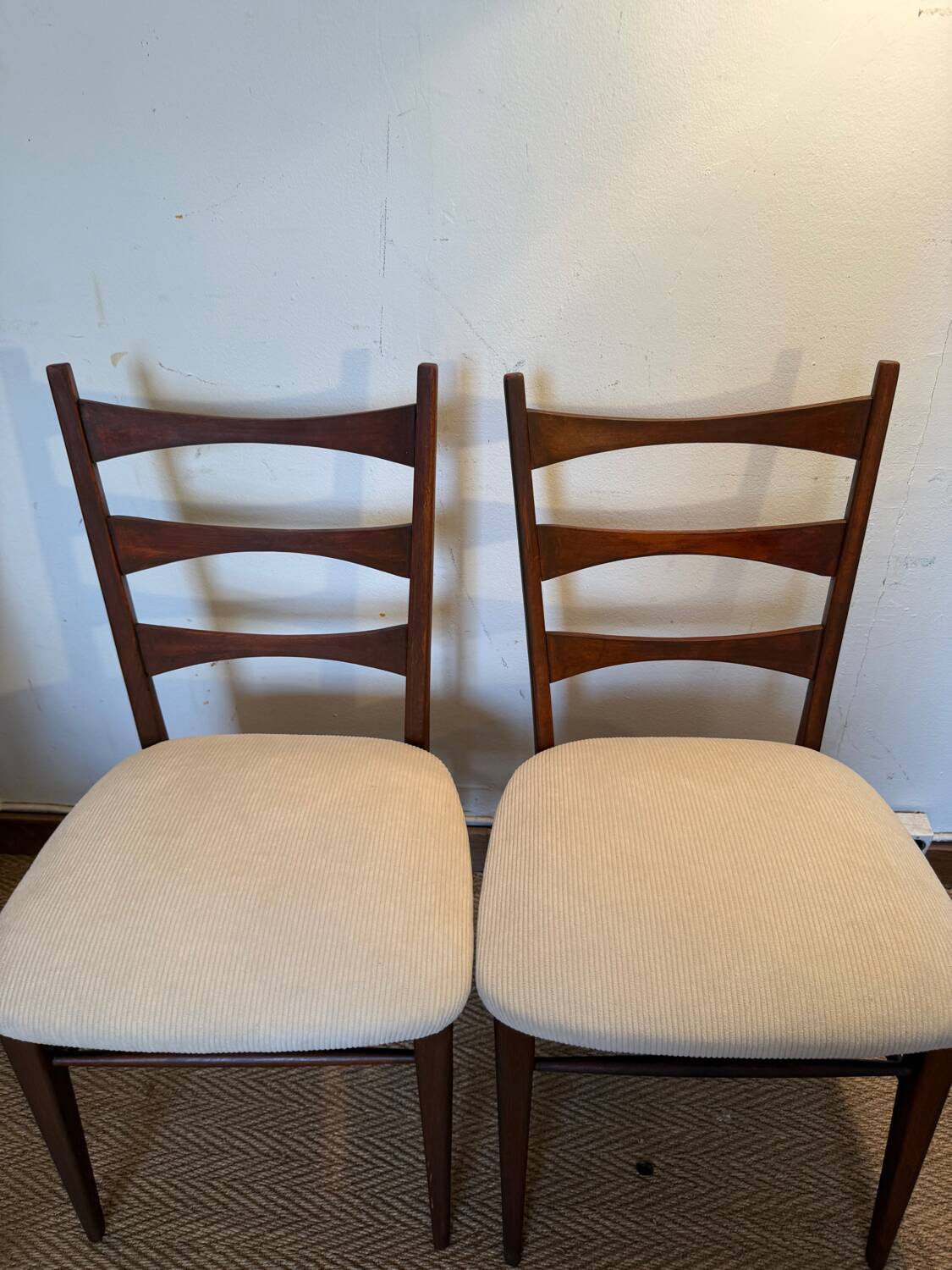 Pair of vintage wood and corduroy chairs