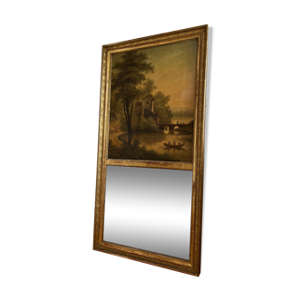 Trumeau ancien Napoléon III, style Louis XV, dorure et peinture bucolique