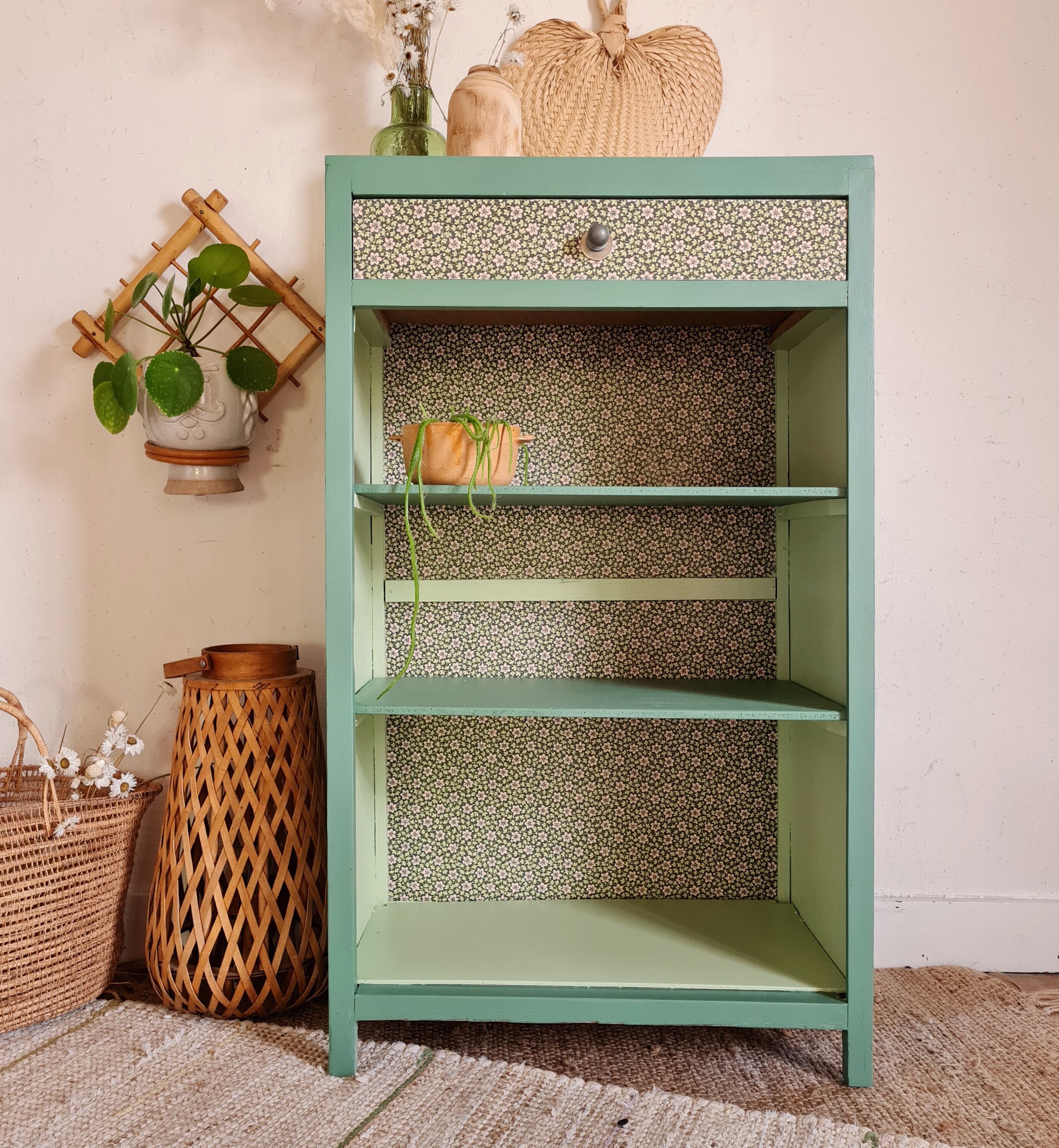 Renovated library shelf green color and floral atmosphere