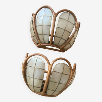 Brass mother-of-pearl rattan sconces