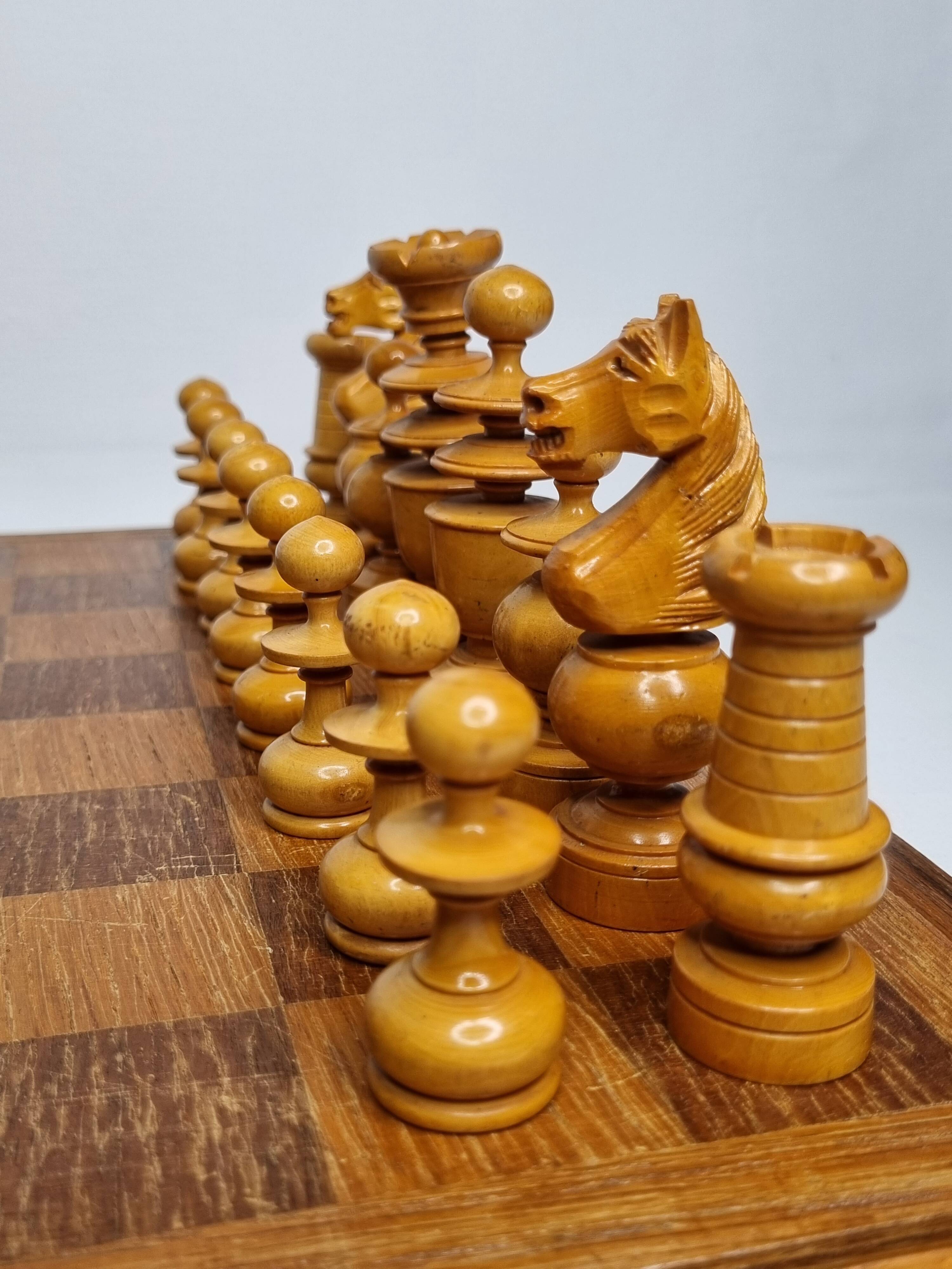 Vintage Solid Wood Folding Chess Set, Regency Bistro Style, Carved Turned Wood Pieces