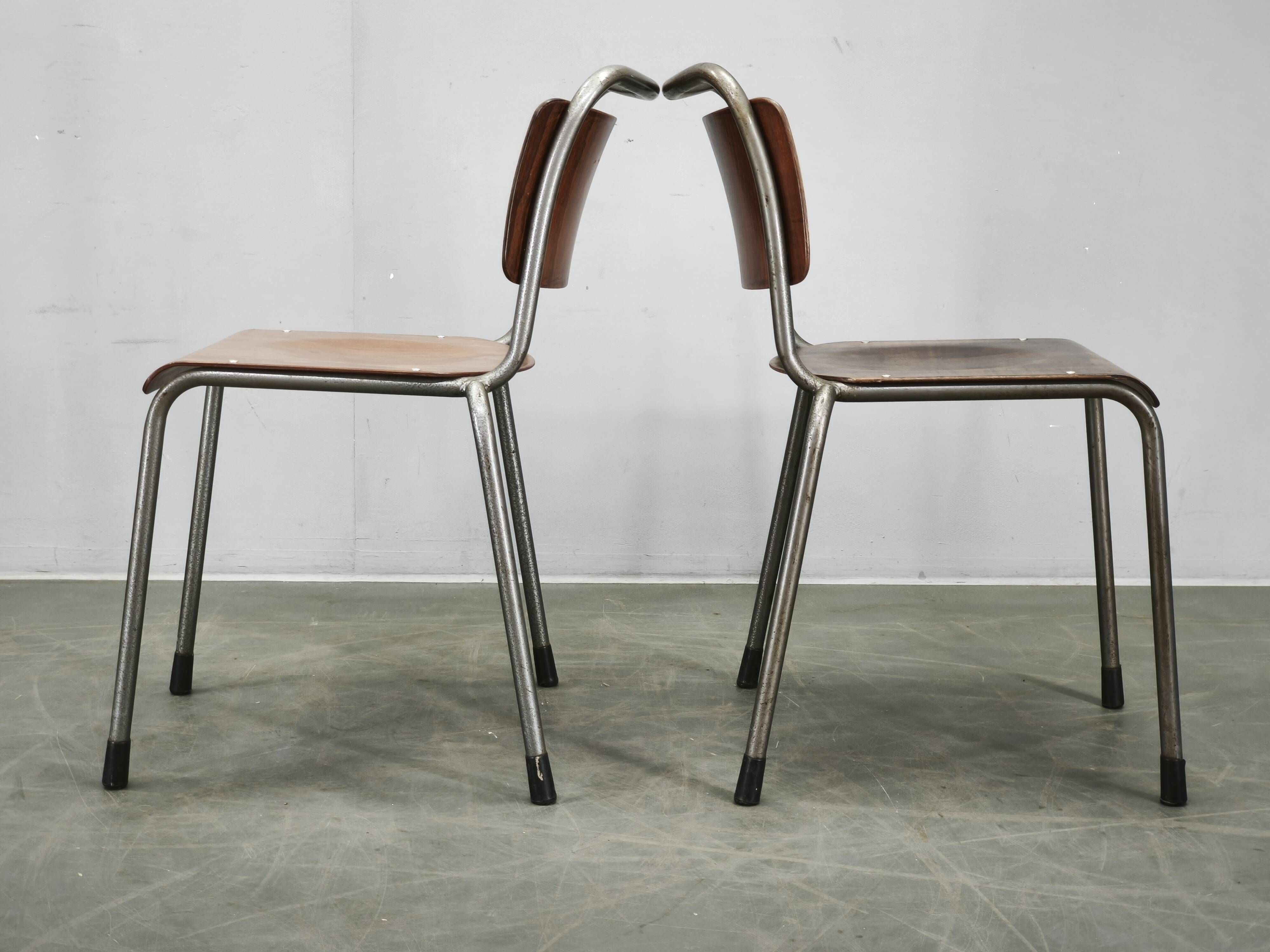 Set of 6 Gispen 106 Dutch Industrial Plywood Chairs, 1960s