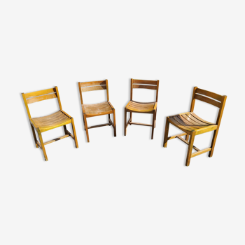 Set of 4 chairs with slats in solid beech from the 70s