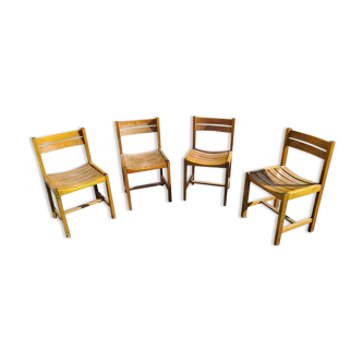 Set of 4 chairs with slats in solid beech from the 70s