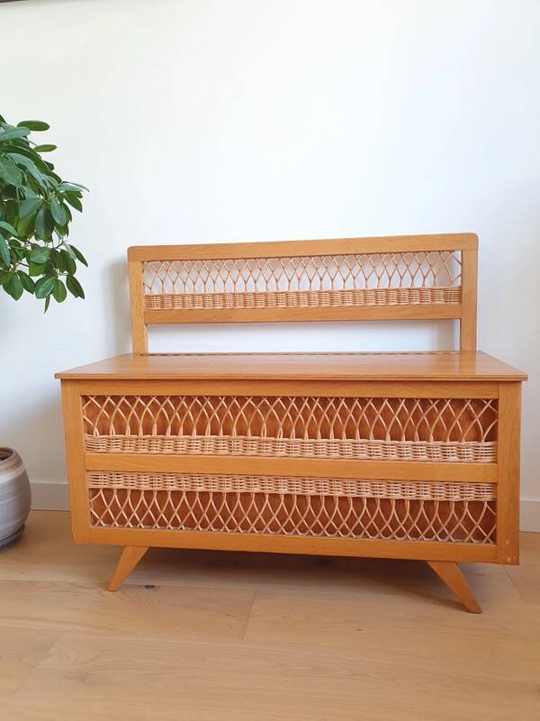 Vintage wooden and rattan trunk bench