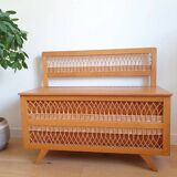 Banc coffre en bois et rotin vintage