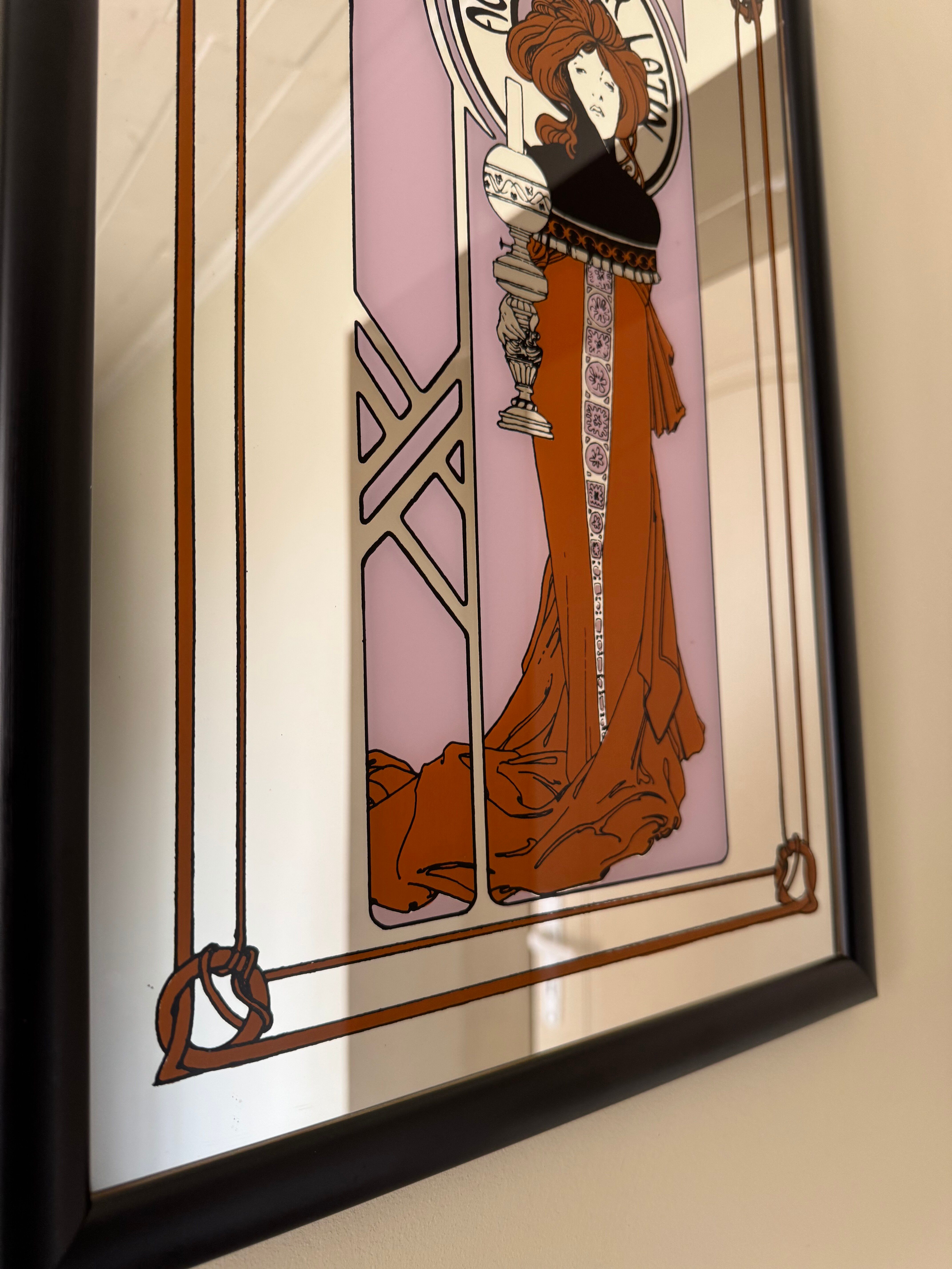 Vintage Alphonse Mucha Art Nouveau Mirror | Framed “Au Quartier Latin”