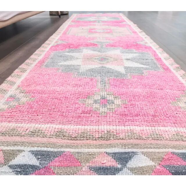 Vintage Pink Geometric Turkish Hand-Knotted Runner 92x342