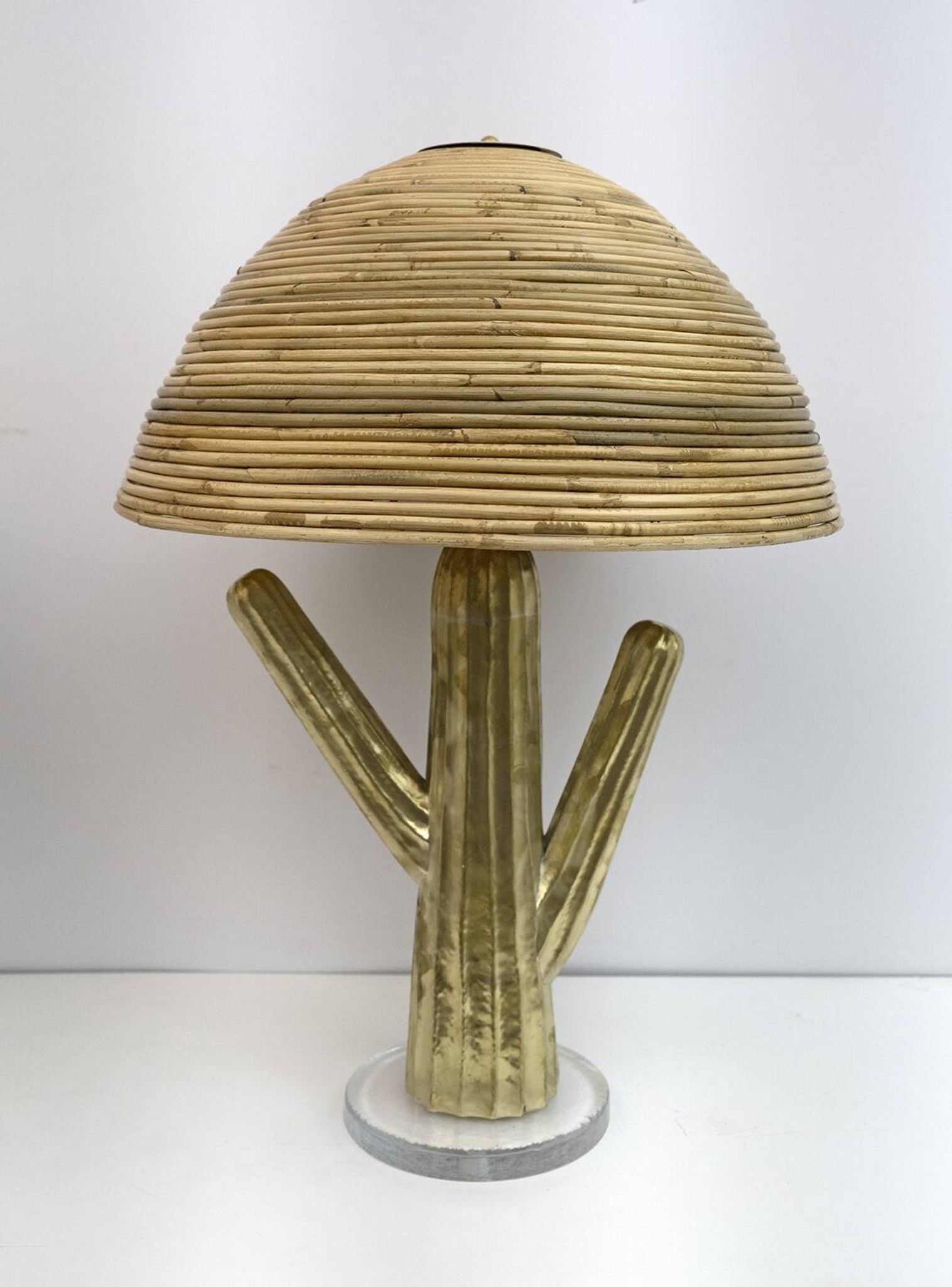 Pair of Hollywood Regency Rattan and Brass Cactus Lamps, Italy, 1990s