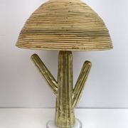 Pair of Hollywood Regency Rattan and Brass Cactus Lamps, Italy, 1990s