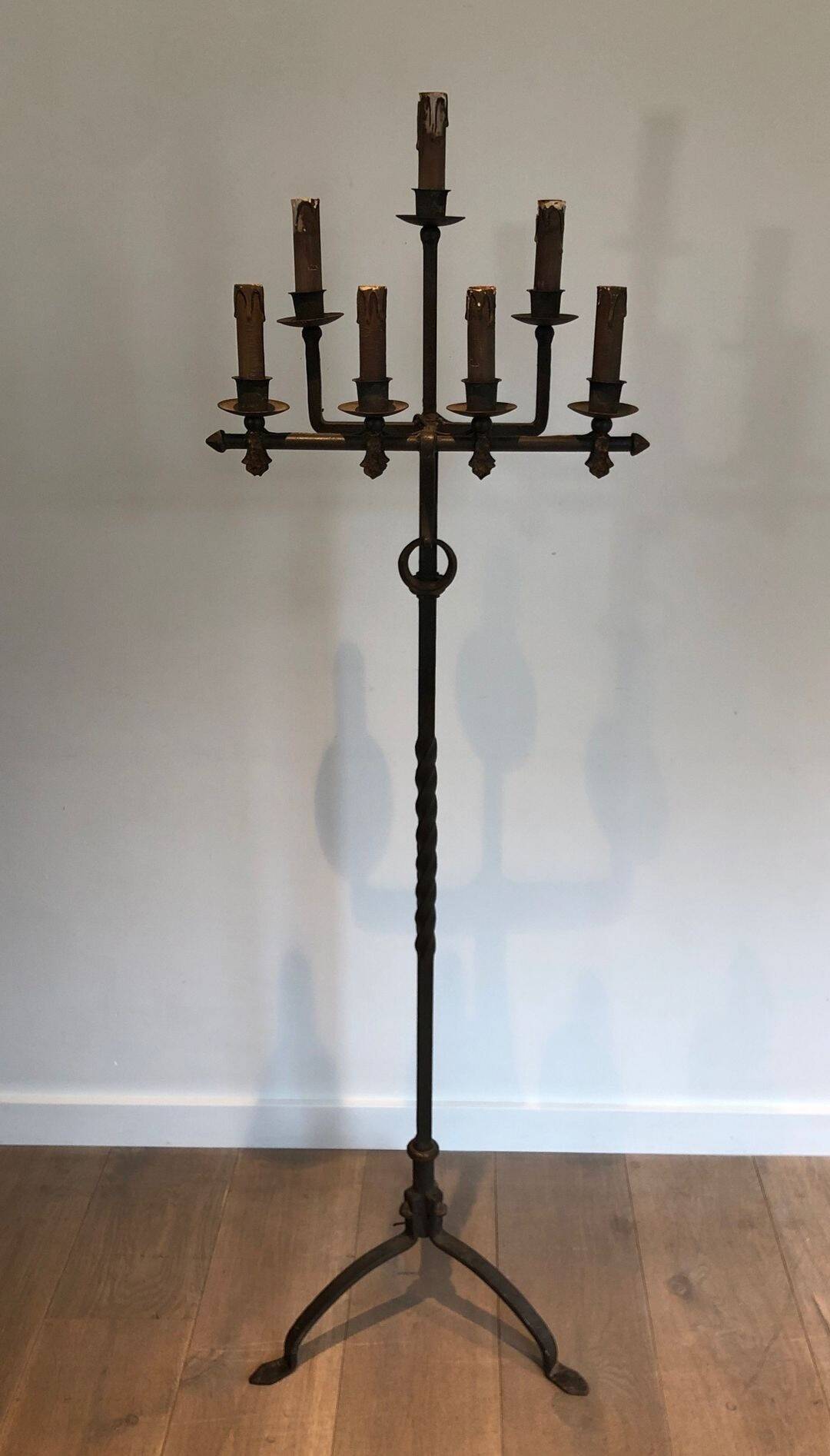 Parquet Floor Lamp in Wrought Iron and Gilded Iron, Art Deco, French Work,