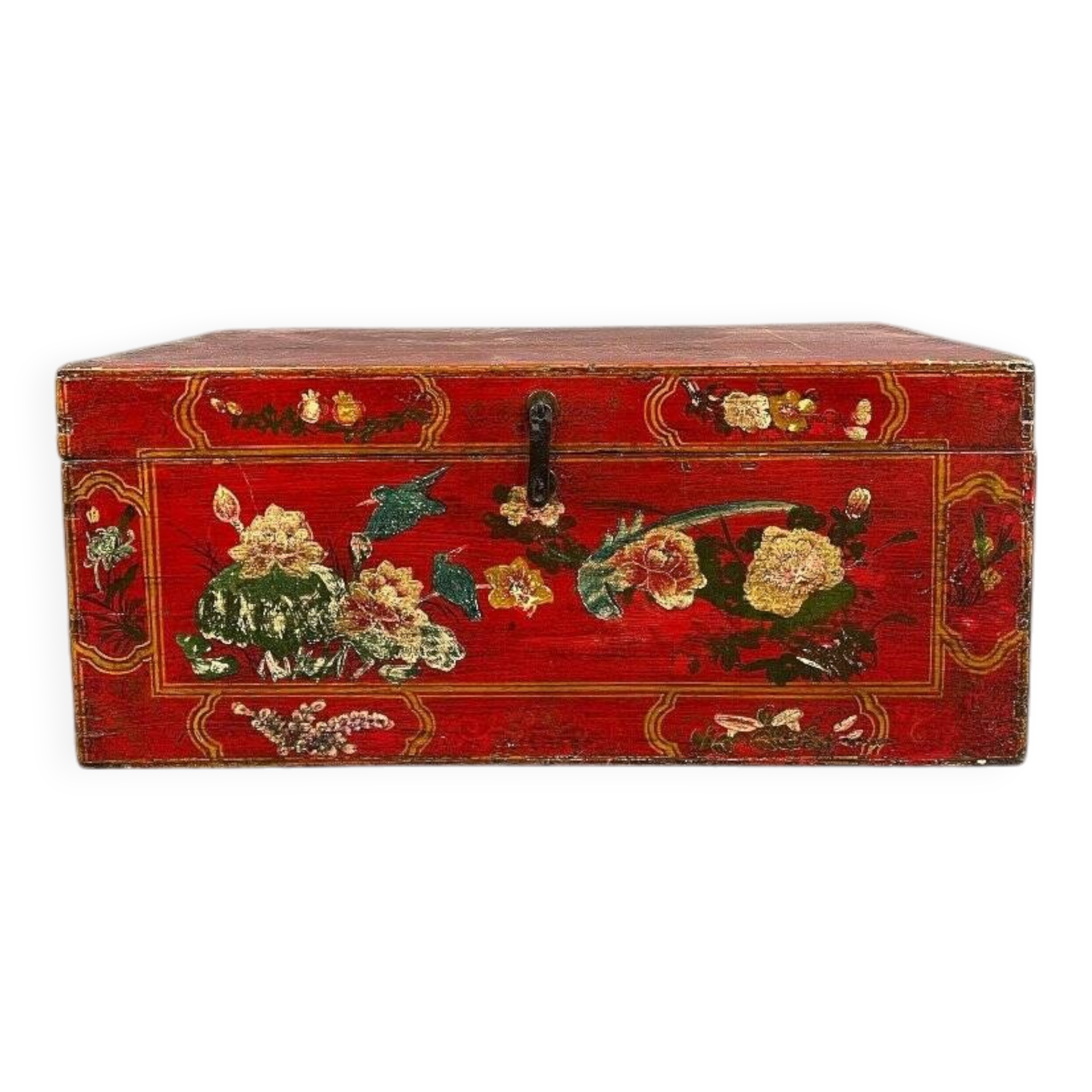 Antique Hand Painted Chest, Floral Decor on Red Background, 19th Century