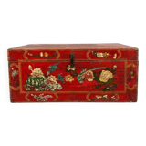 Antique Hand Painted Chest, Floral Decor on Red Background, 19th Century