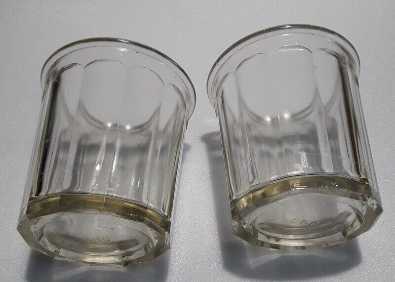 2 antique glass jam jars 500g