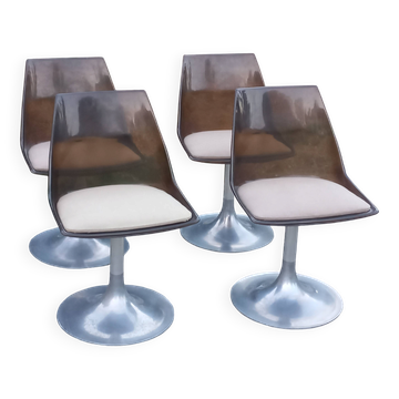 Set de 4 chaises design pivotantes en plexi fumé pied tulipe en fonte d'alu