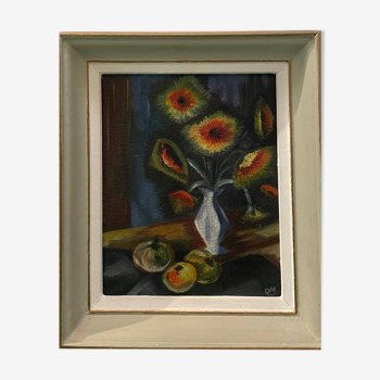 Old still life painting with flowers