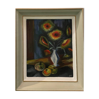 Old still life painting with flowers