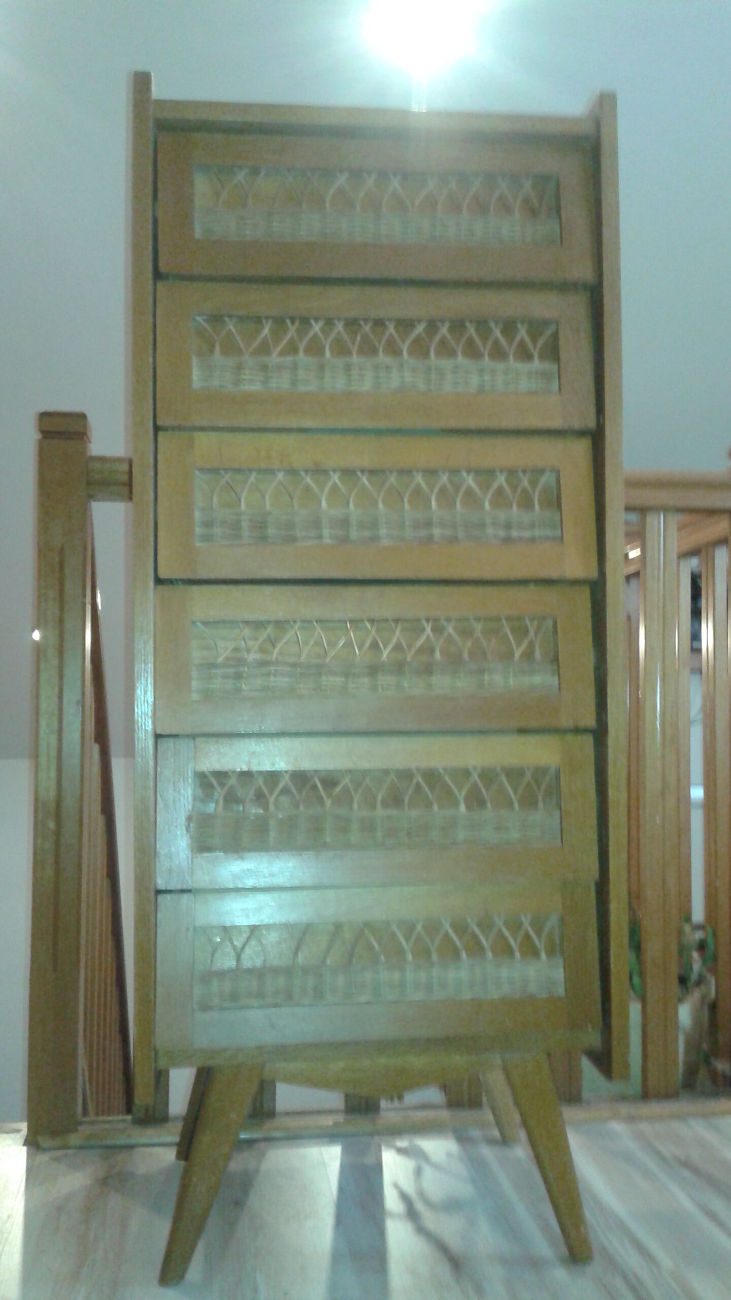 Dresser chest of drawers vintage wood and wicker feet compass