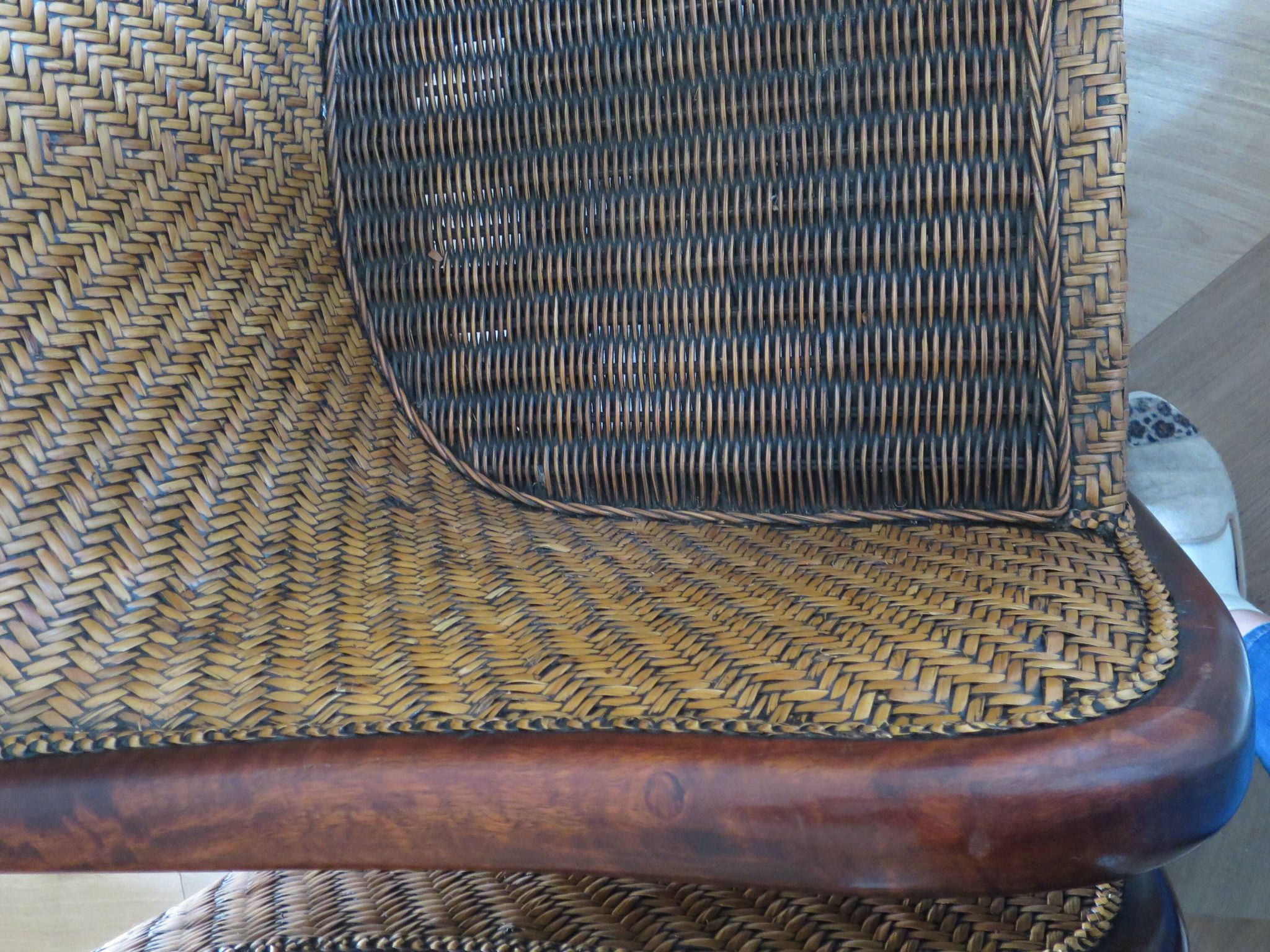 Set of 2 armchairs in woven rattan and exotic wood, 1980s