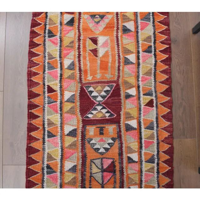 1970s Vintage Turkish Hand-Knotted Wool Cotton Orange Runner Rug 86x288