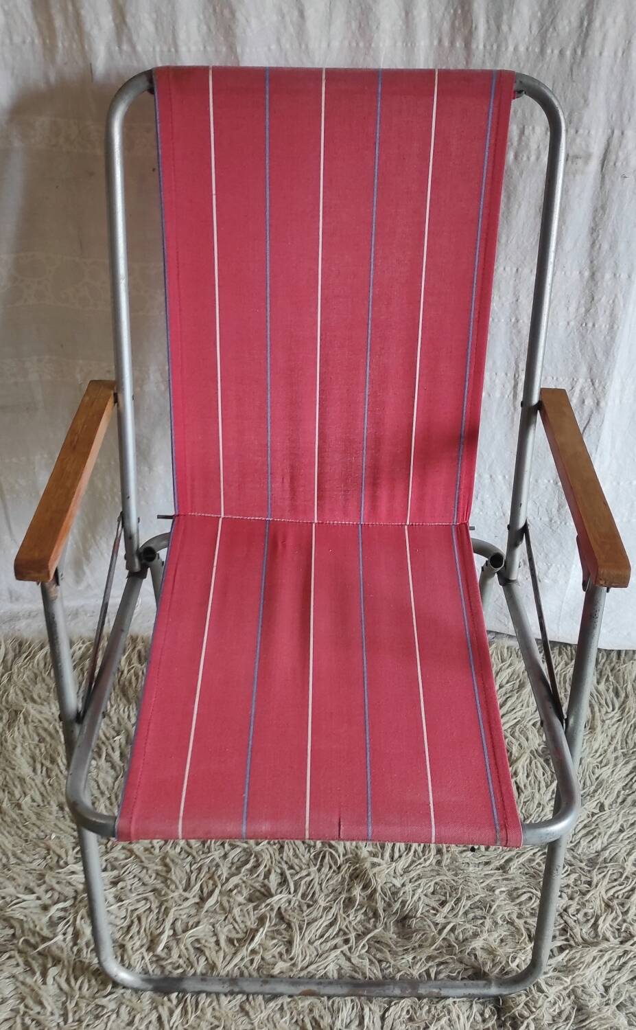 Vintage folding chair in metal and bayadère canvas - 1960s