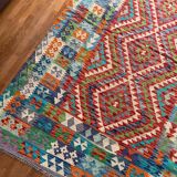 Oriental kilim rug afghan colored red green multicolored