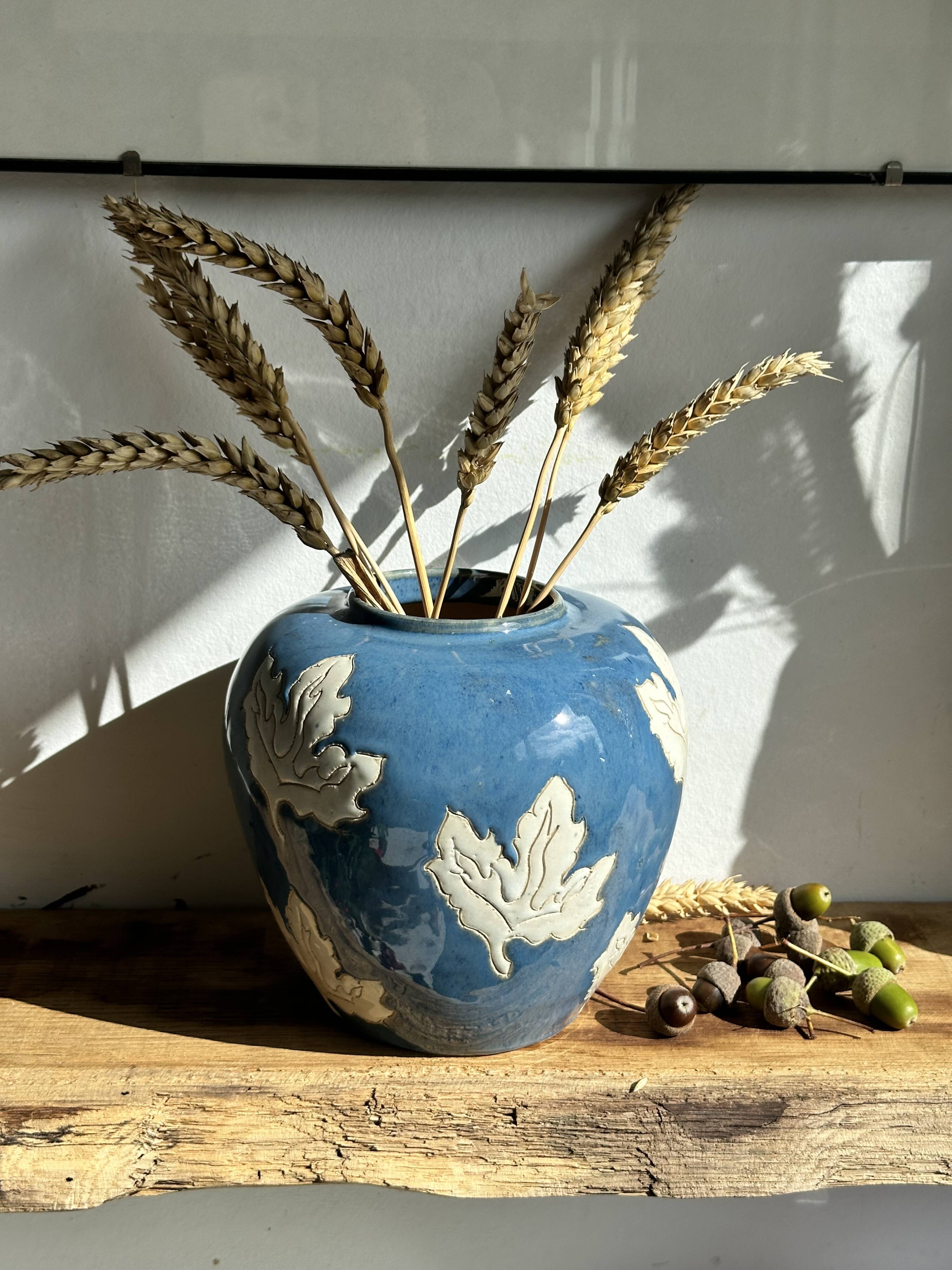 Magnificent Blue Glazed Ceramic Vase with White Plane Tree Leaves Decor