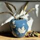 Magnificent Blue Glazed Ceramic Vase with White Plane Tree Leaves Decor