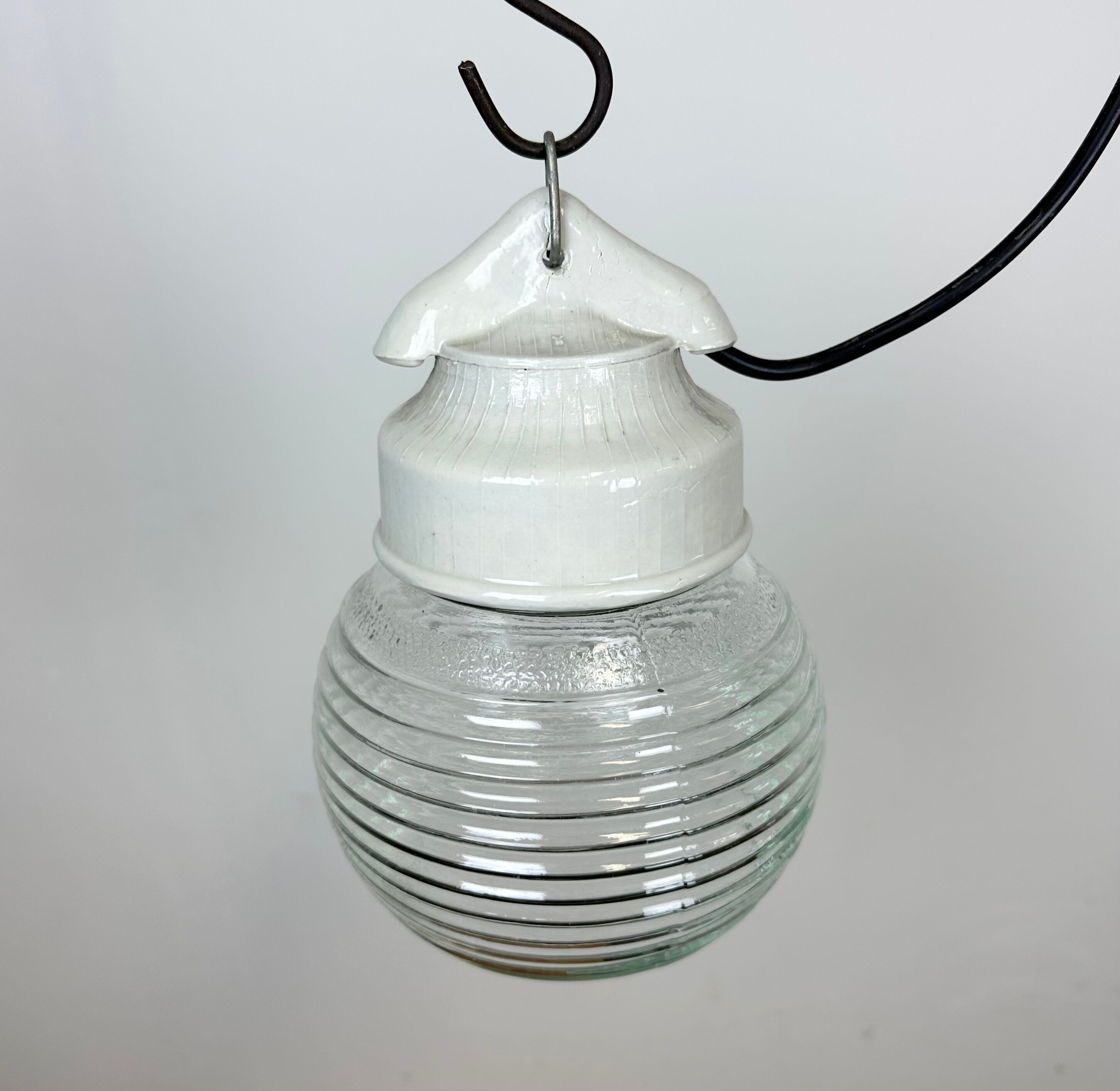 Vintage White Porcelain Pendant Light with Ribbed Glass, 1970s