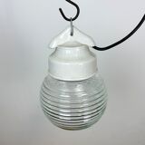 Vintage White Porcelain Pendant Light with Ribbed Glass, 1970s