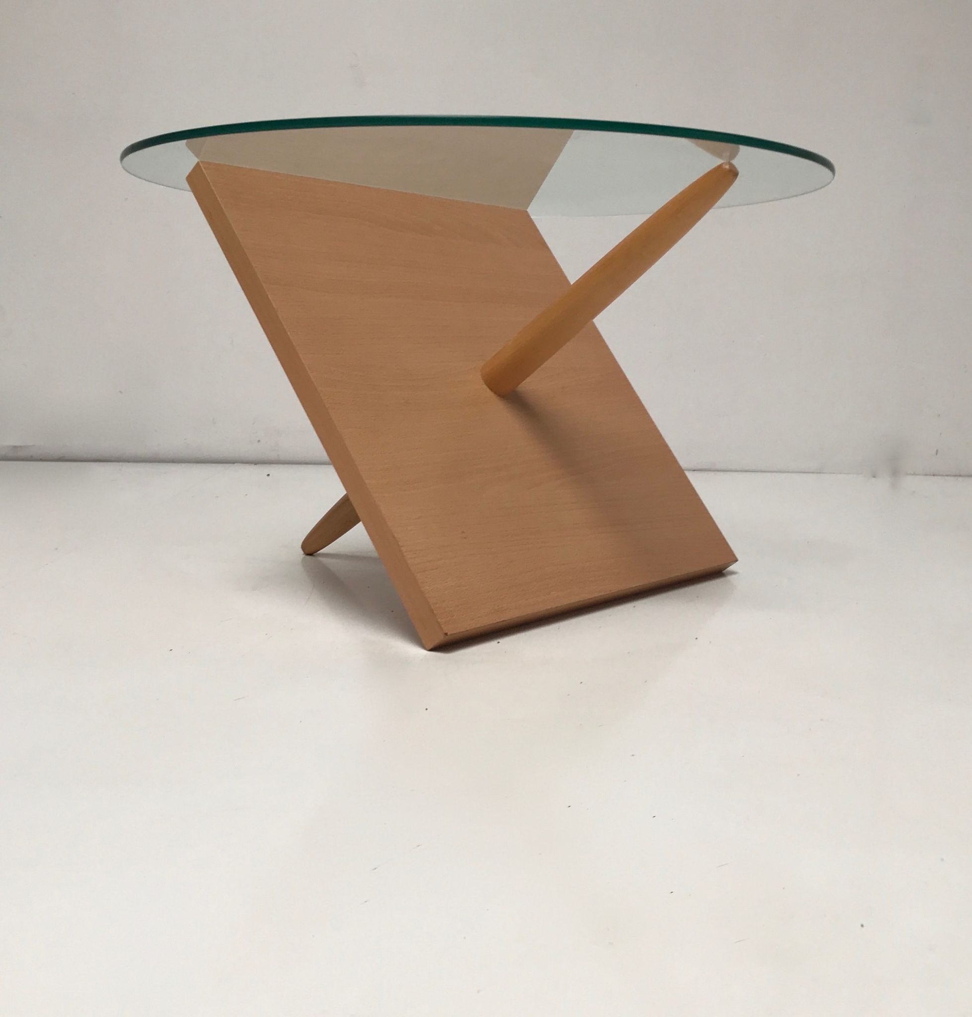 Sculptural beech wood and glass round coffee table Netherlands 1990s