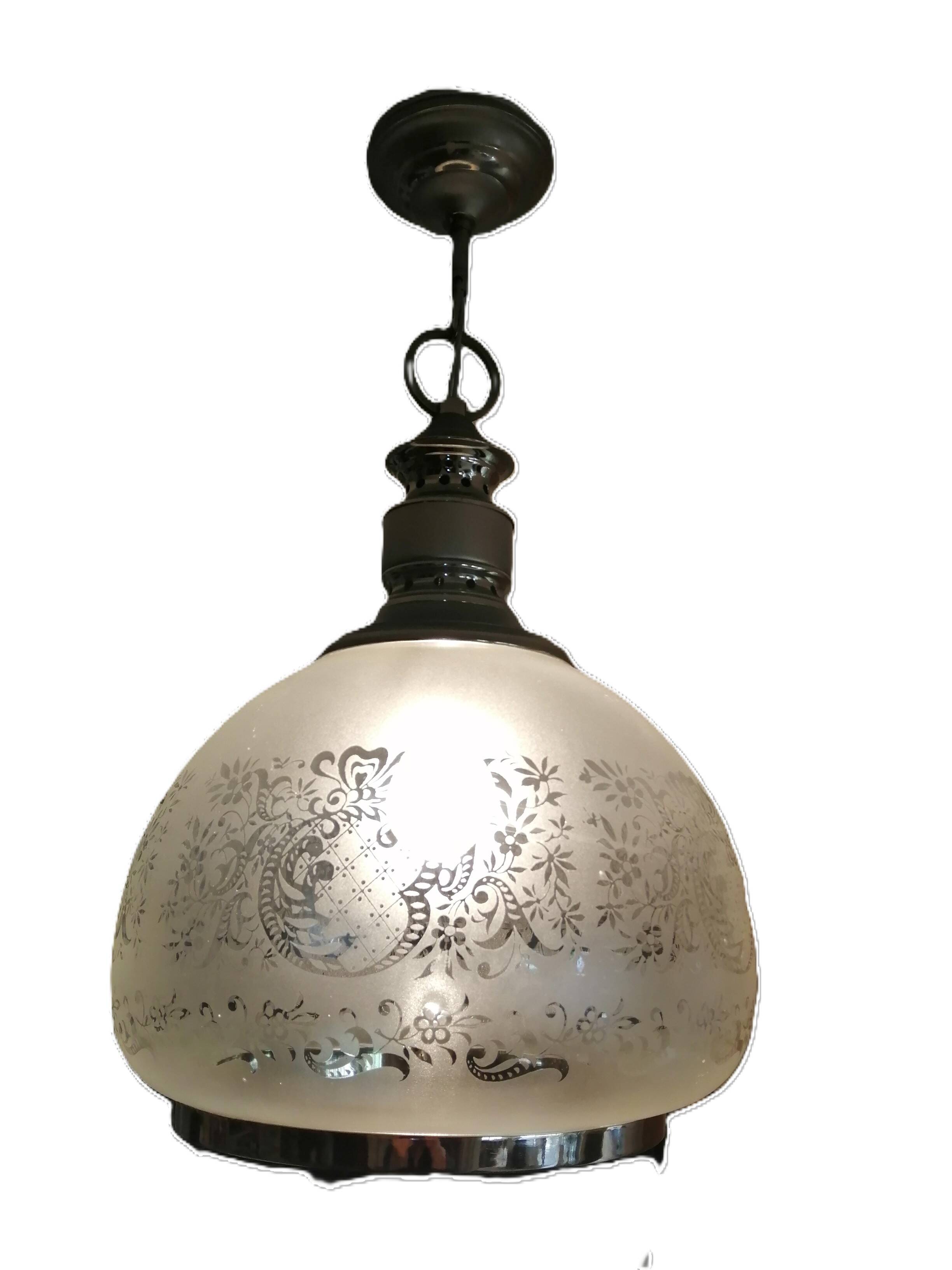 Large engraved glass globe pendant mounted on chrome steel, Art Deco.
