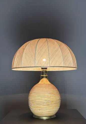 Large midcentury pencil reed rattan bamboo mushroom table lamp, 1970s