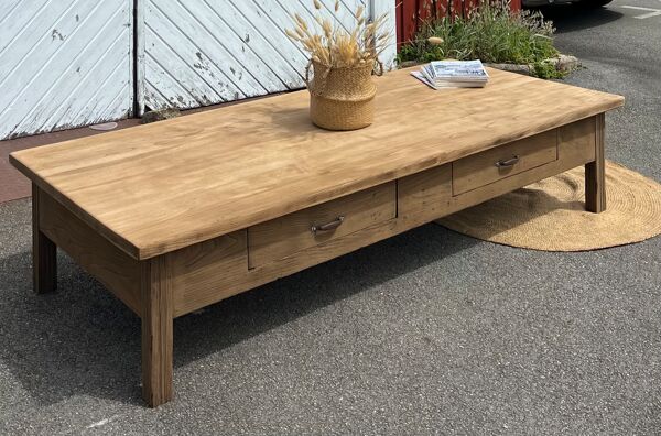 Table basse de ferme ancienne XXL en chêne massif brut