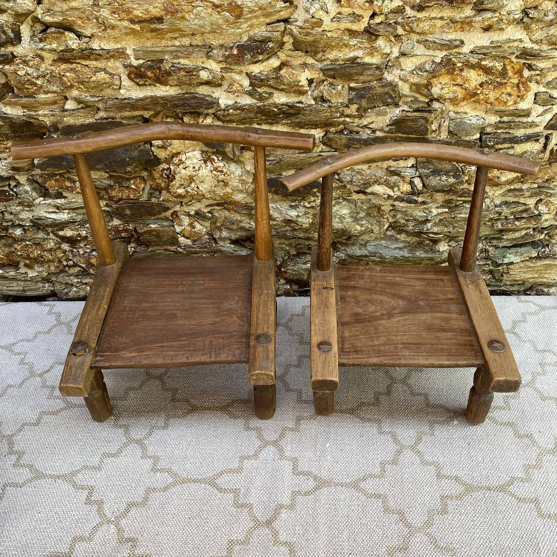 Ancient Baoulé African chairs in carved wood, Wabi-Sabi.