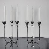 Pair of art deco stainless steel 3-flame candlesticks, Spain, 1970