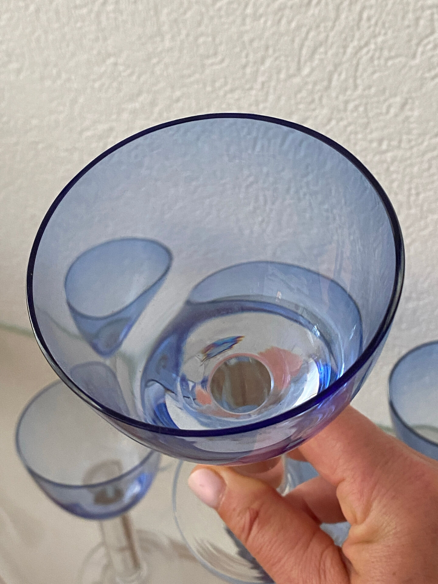 Six two-coloured wine or cocktail glasses.