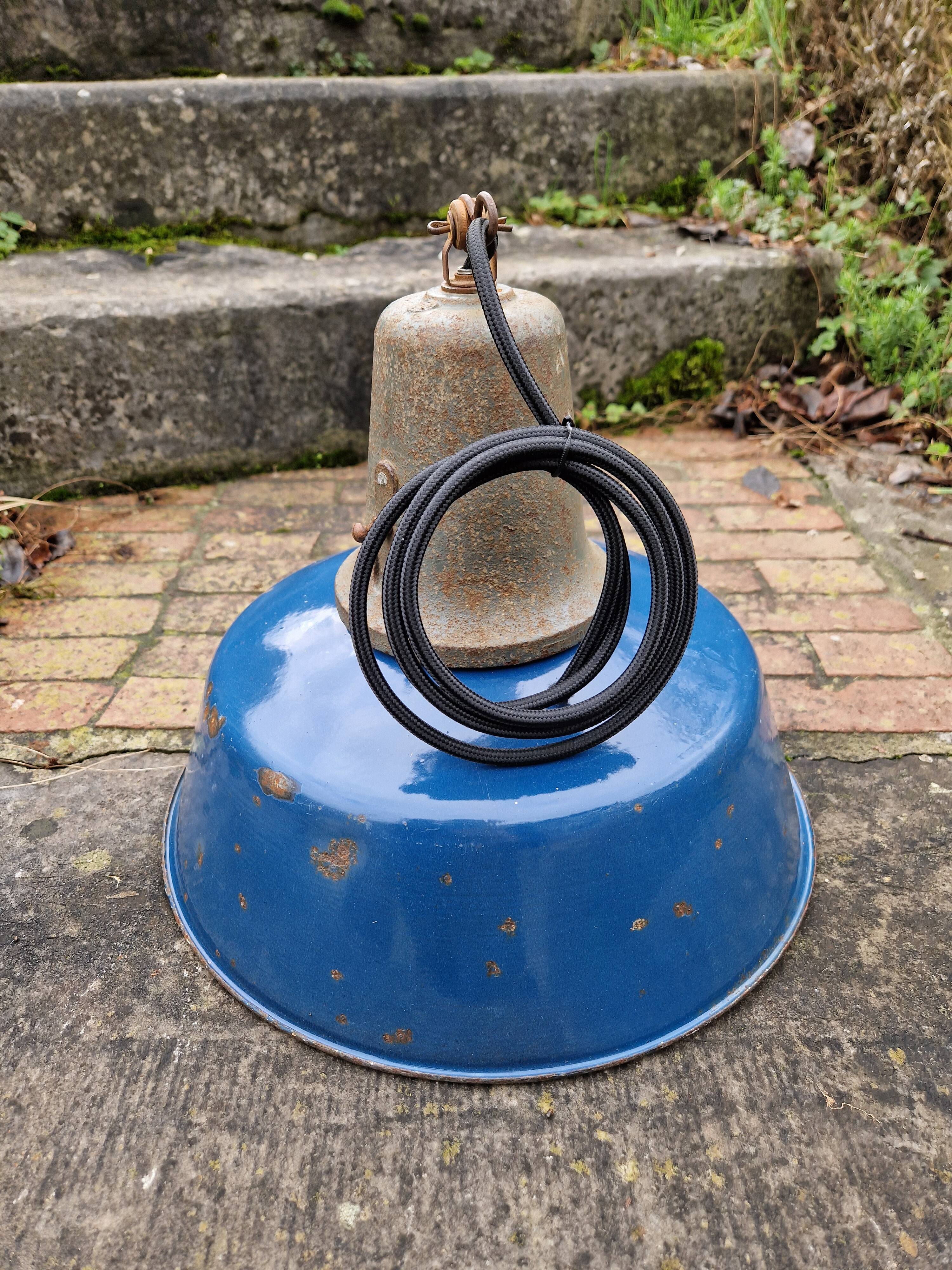 Industrial pendant light in blue enamelled sheet metal and cast iron, Poland, 1950s-60s