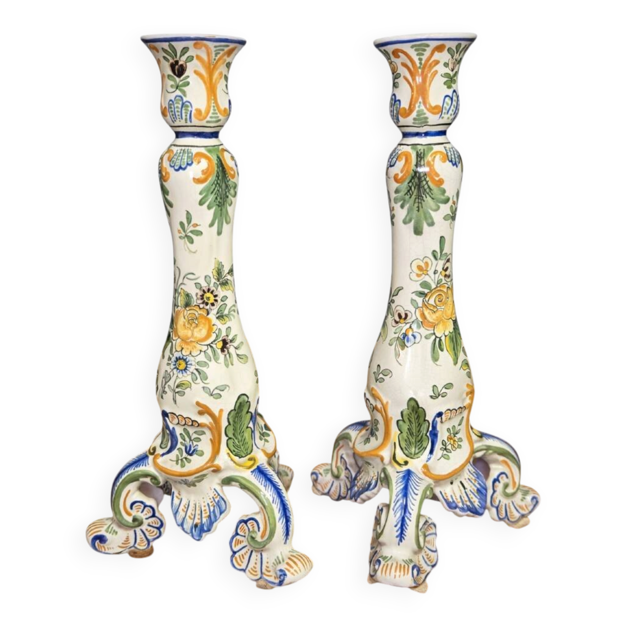 Pair of large polychrome ceramic candlesticks – Floral decoration – H 34 cm