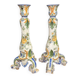 Pair of large polychrome ceramic candlesticks – Floral decoration – H 34 cm