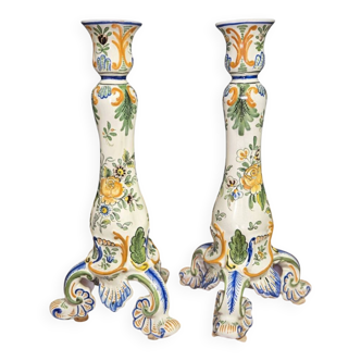 Pair of large polychrome ceramic candlesticks – Floral decoration – H 34 cm