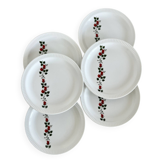 6 assiettes à dessert vintage faïencerie Saint-Amand Gilbert motif roses rouges