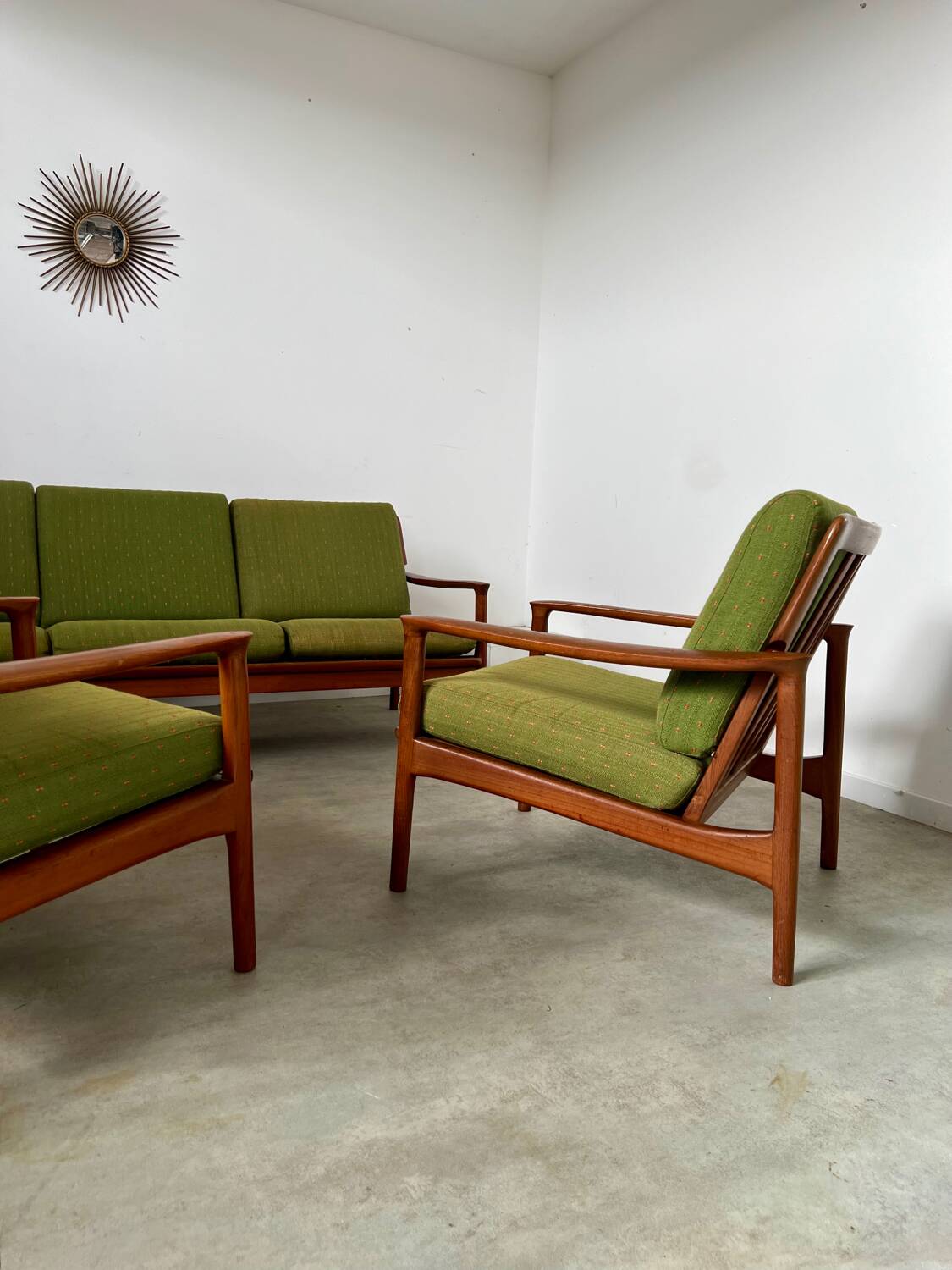 Living room set sofa armchair coffee table Scandinavian design 60s Swedish vintage teak