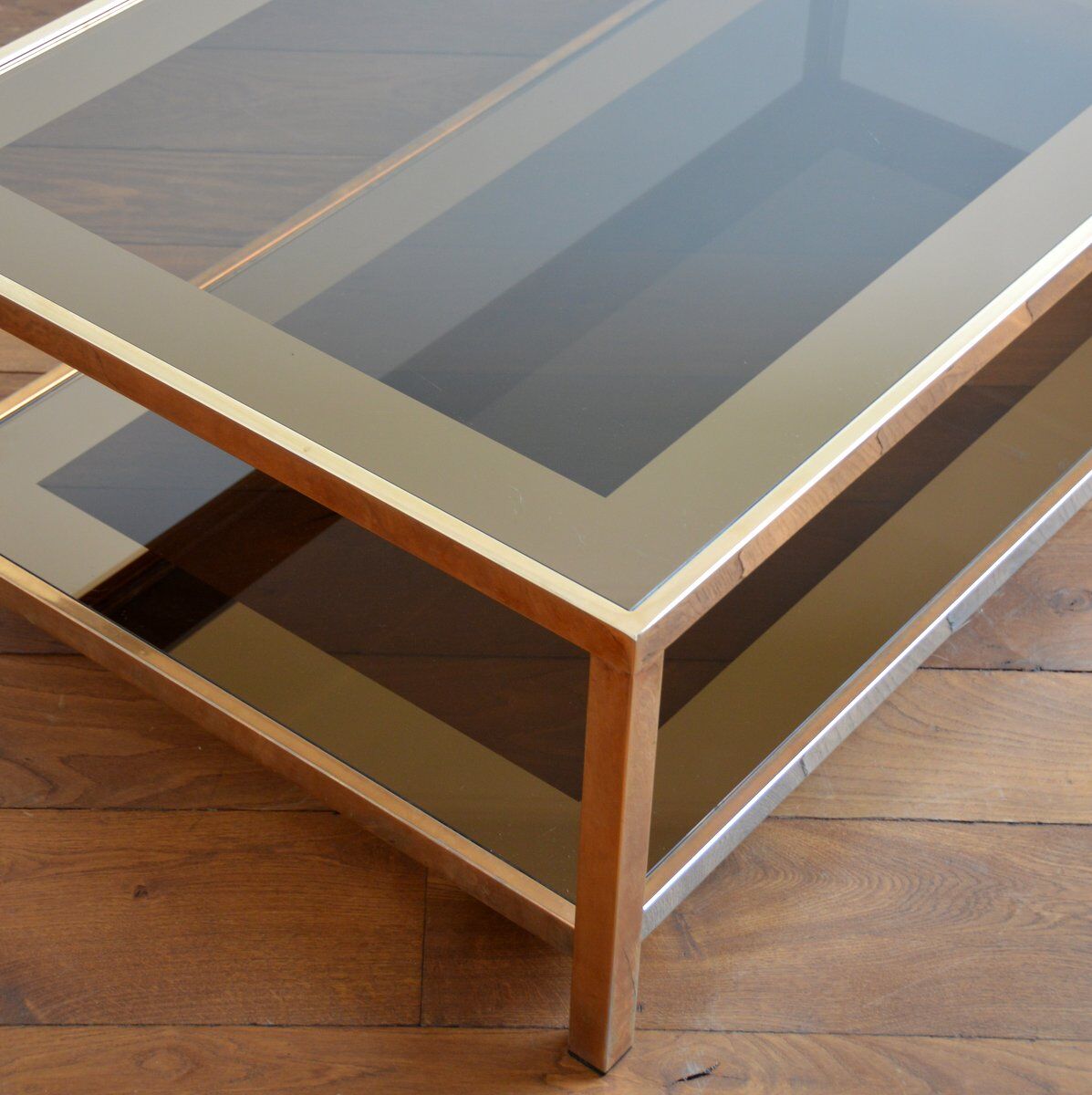 Coffee table in gold plated and smoked glass Belgo Chrom 70s / 80s