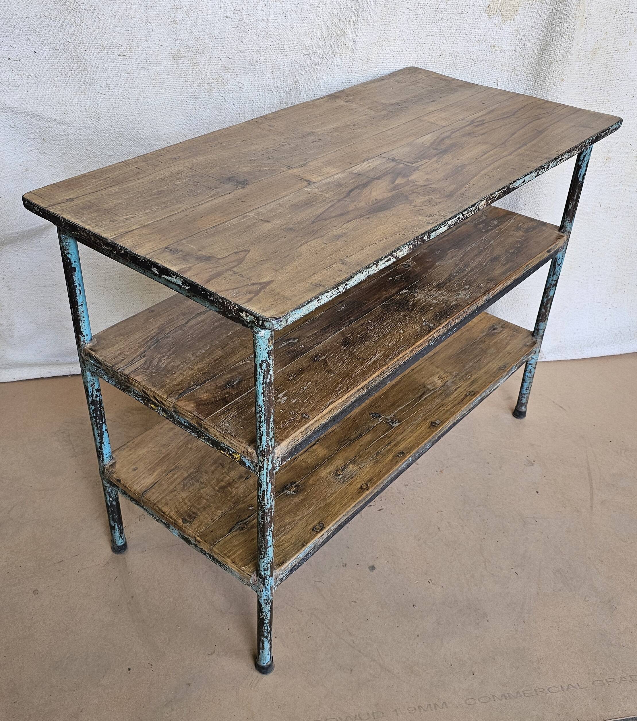 Textile workshop console in teak and wrought iron