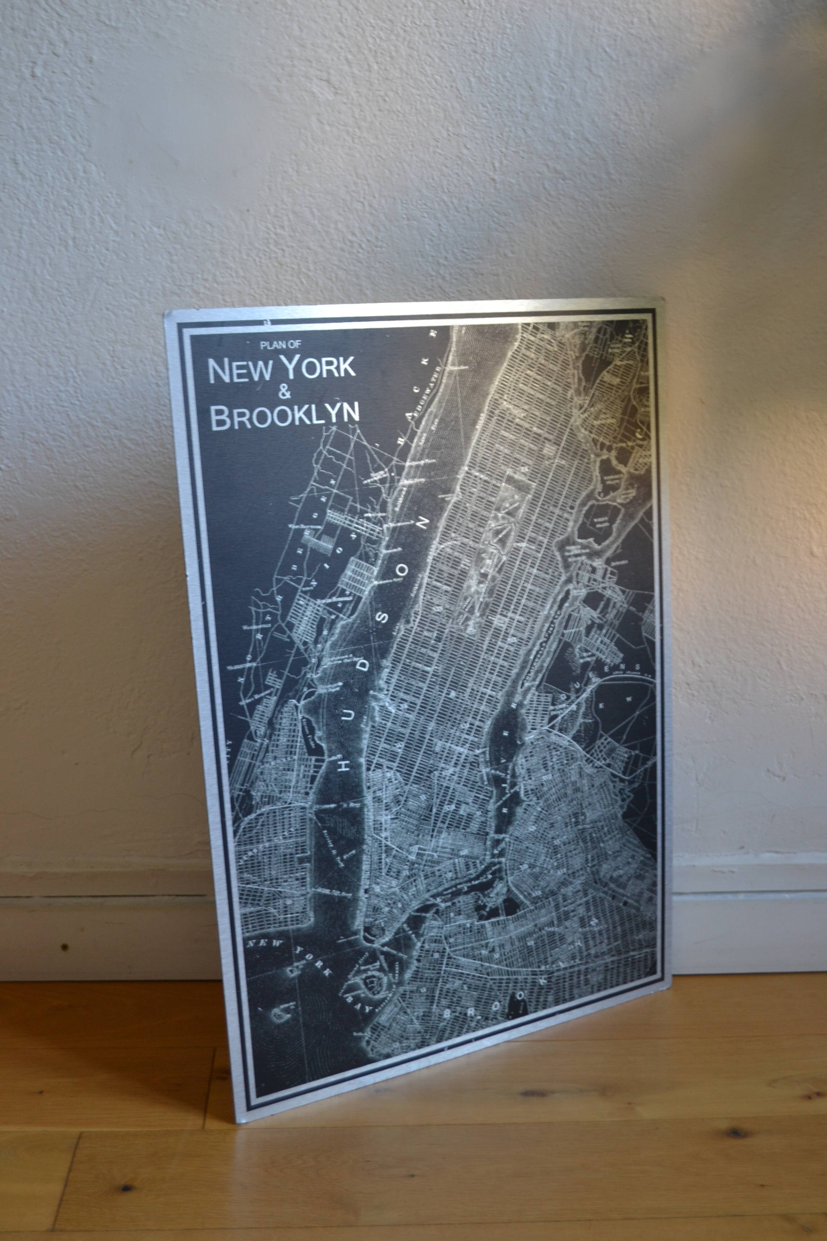 Map of New York & Brooklyn, silkscreen print on metal plate, 70 x 49 cm