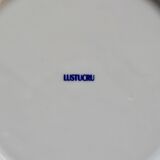 6 vintage Lustucru porcelain plates with a blue checkerboard pattern