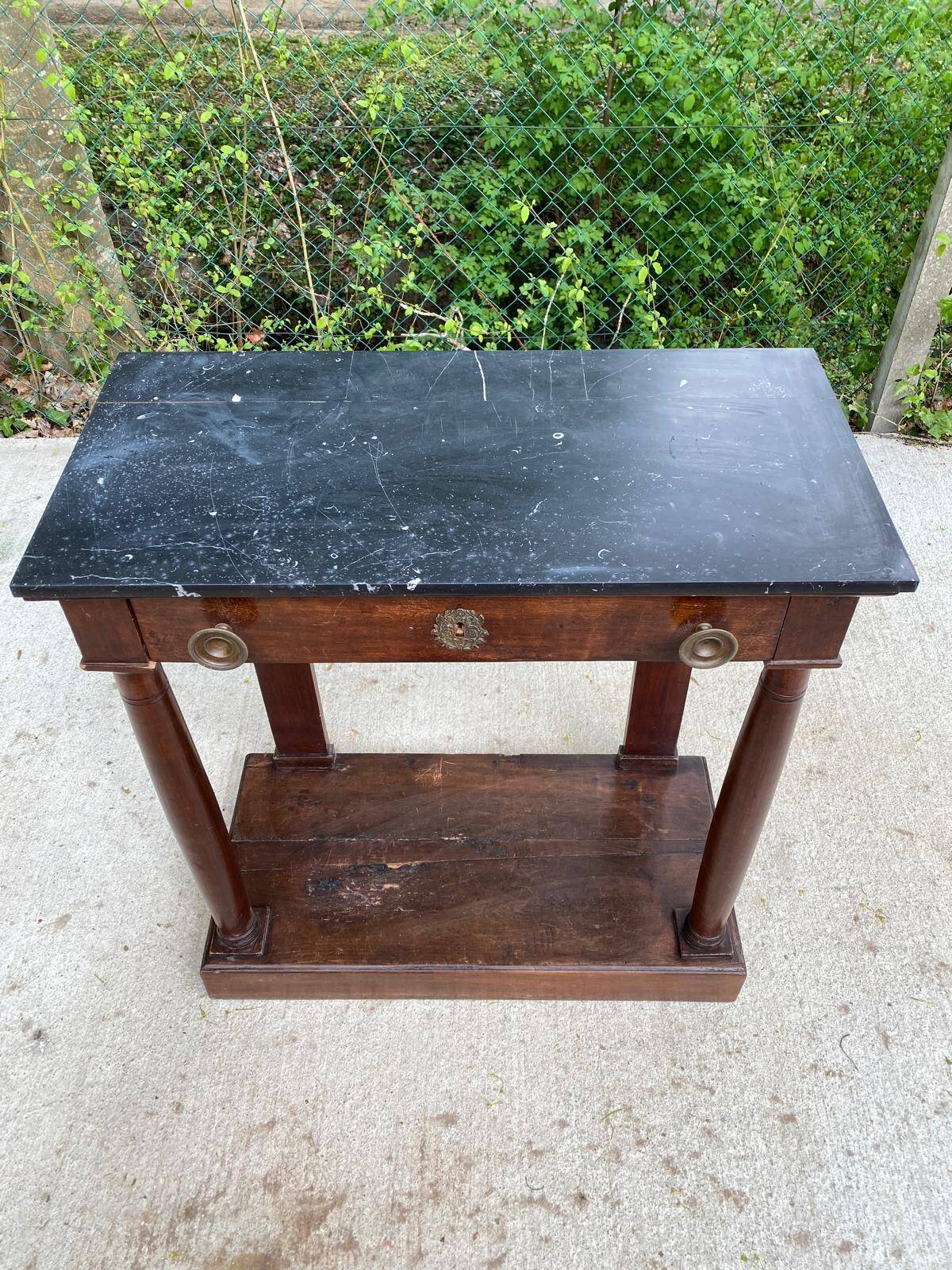 19th century empire console, solid wood and gray marble