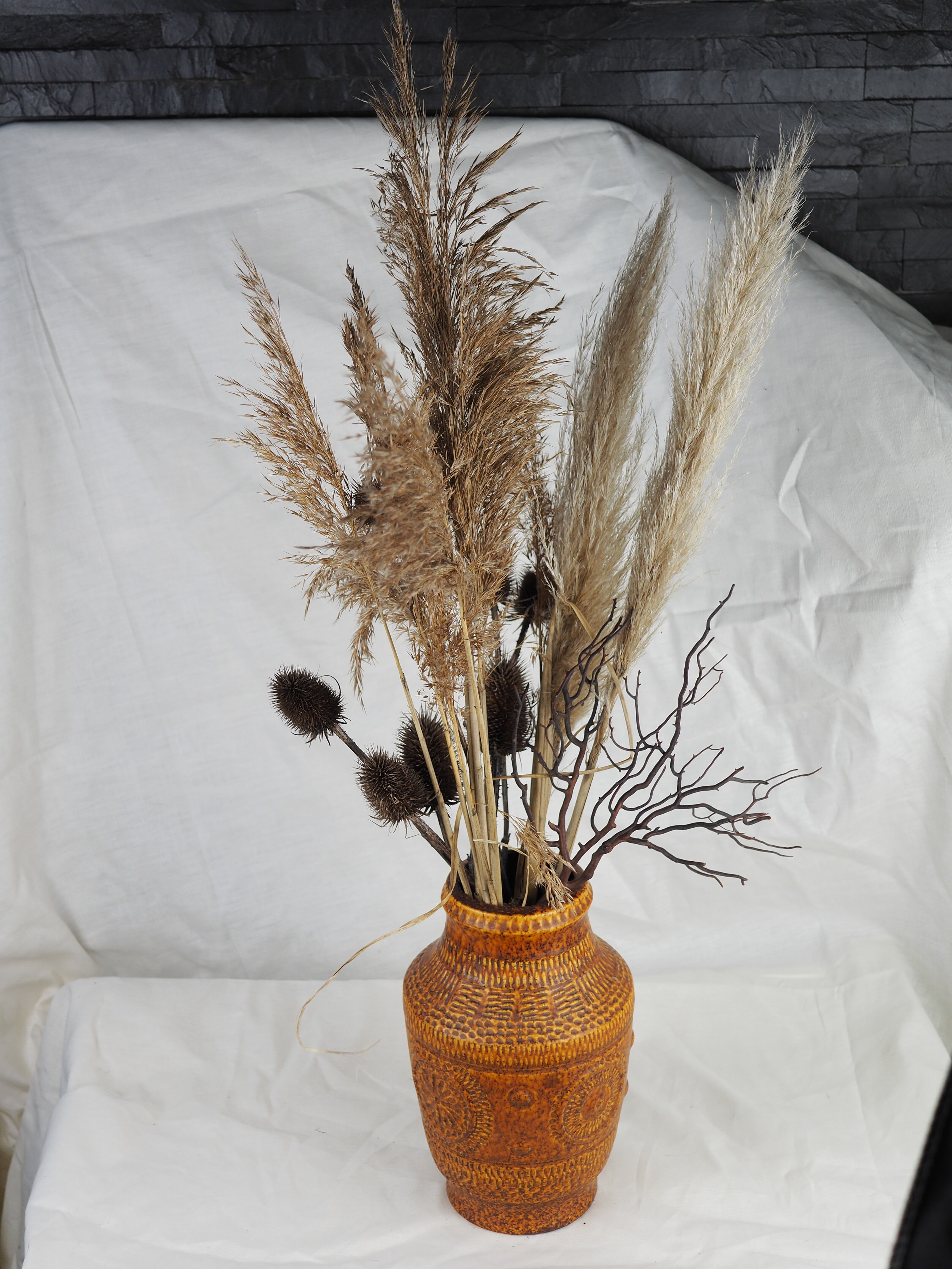 Vase with round reliefs and textured friezes, vibe seventies speckled ochre - Bay Keramik 60s 70s