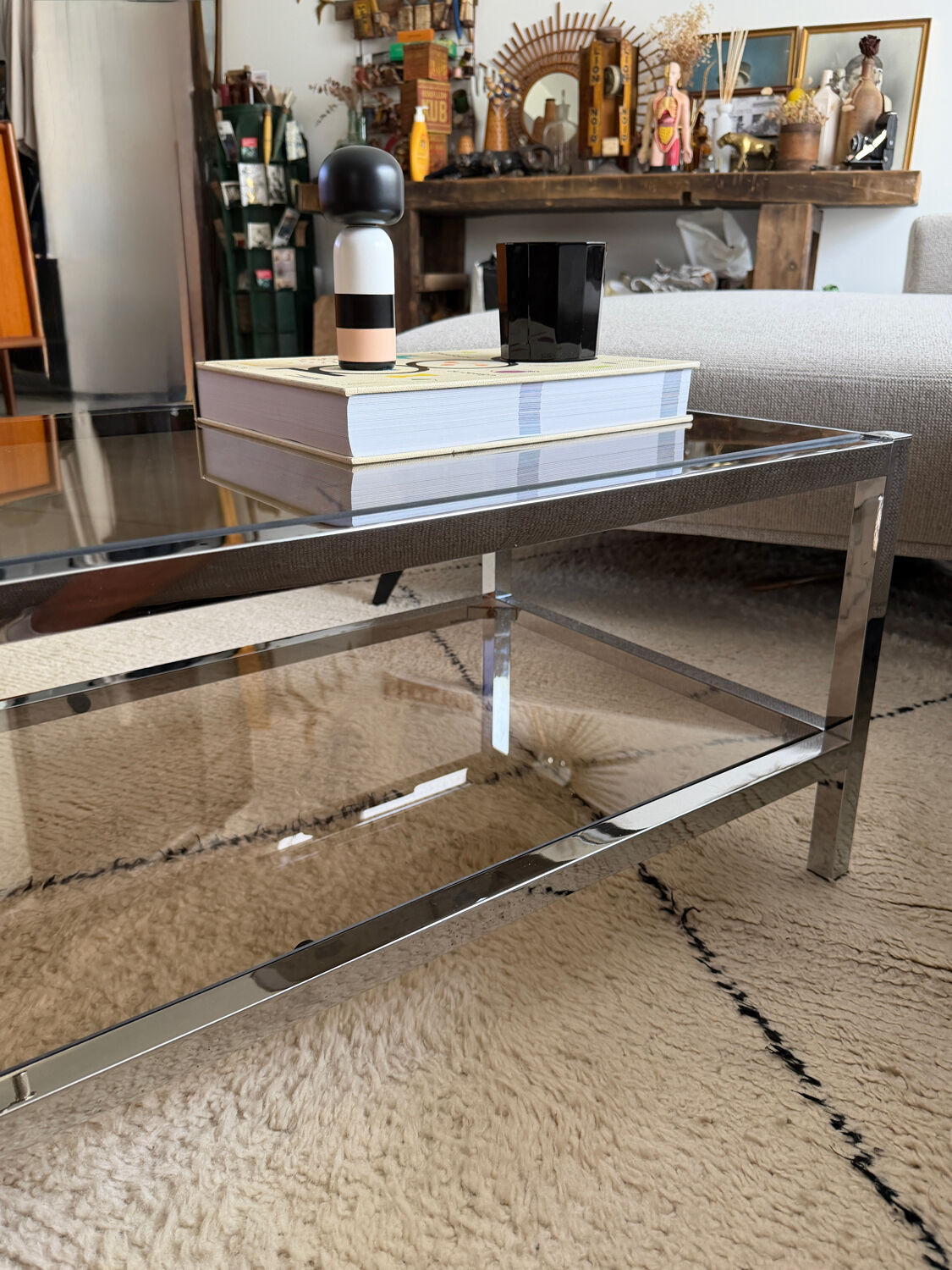 Table Basse Vintage Chrome & Verre Fumé (Style Belgo Chrom)